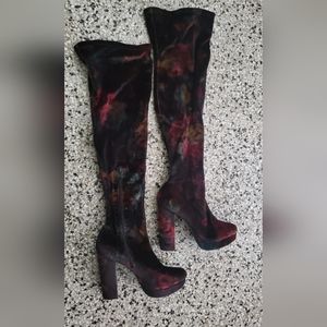 Vintage looking velour, pasley print thigh high boots